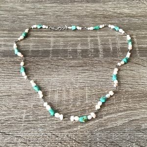 Vintage Sterling Silver Turquoise Pearl & Pink Coral Beaded Chain Necklace 20" L